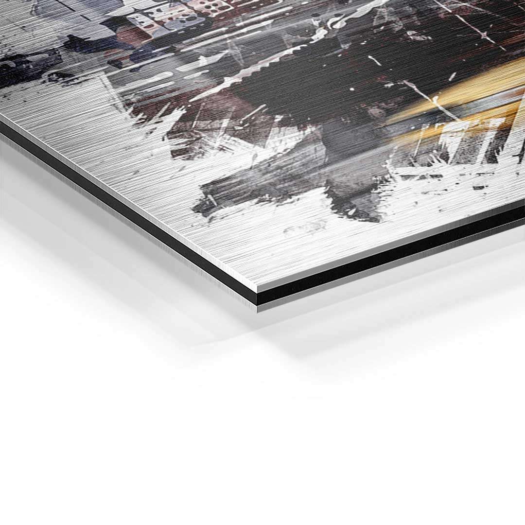 Detailansicht eines modernen City-Art Wandbilds auf Aluminium mit gebürsteter Oberfläche