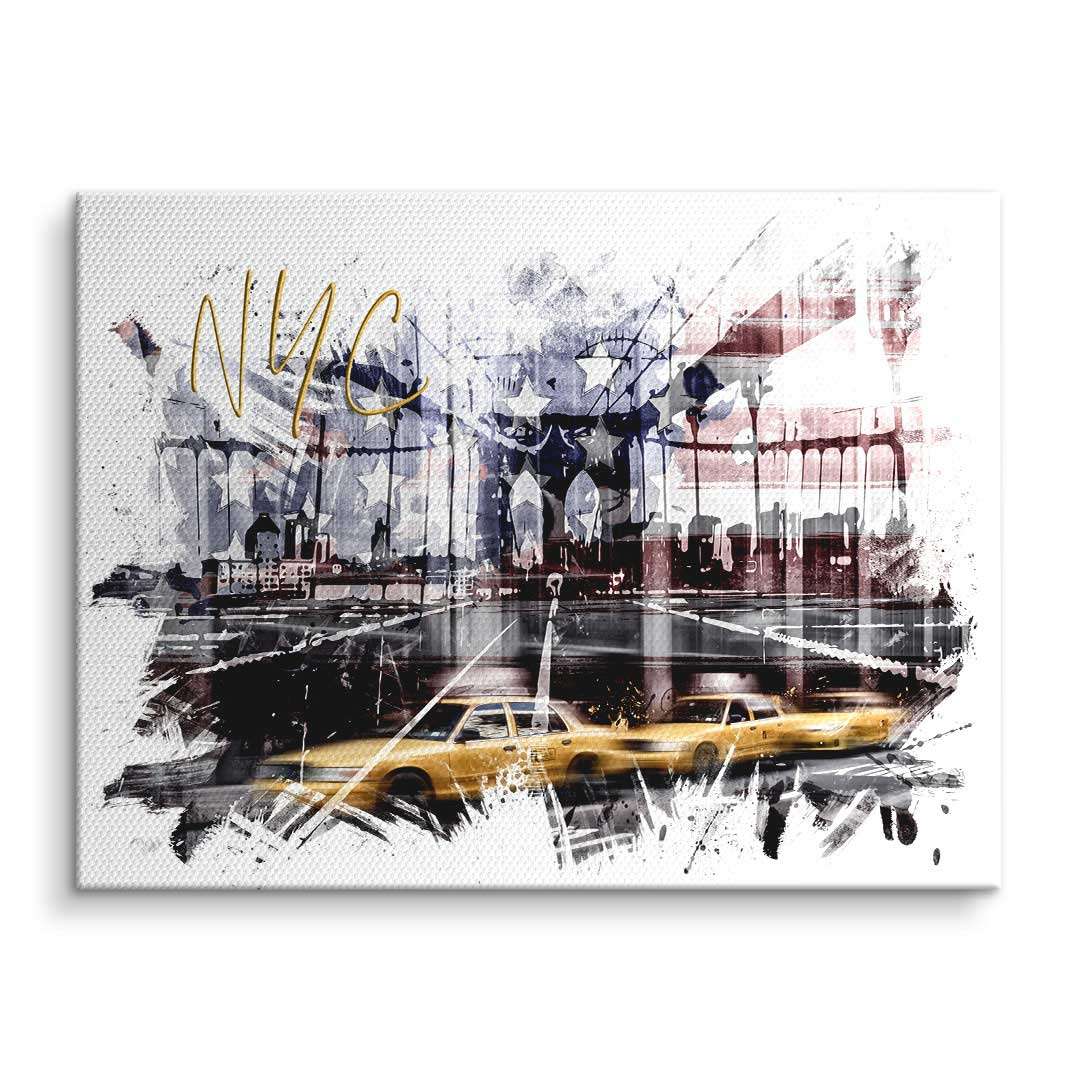 Modernes Wandbild mit NYC Skyline, Brooklyn Bridge und gelben Taxis, City Art auf Leinwand