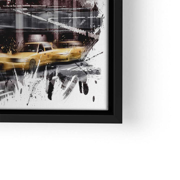 Modernes Wandbild mit gelben Taxis und urbanem City-Art Motiv im schwarzen Rahmen
