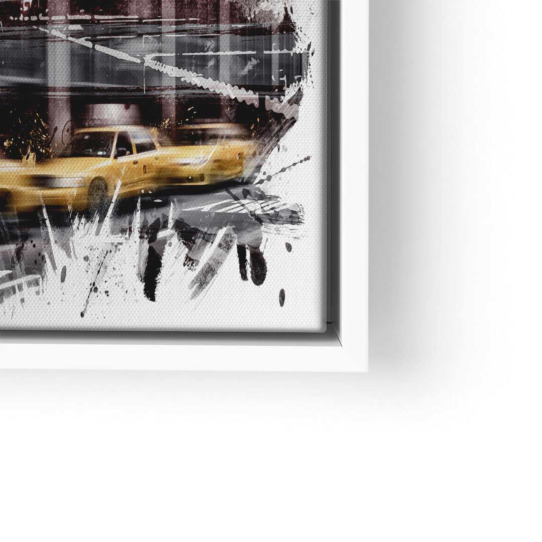 Modernes City-Wandbild mit gelbem Taxi im urbanen Kunststil, abstrakte Malerei