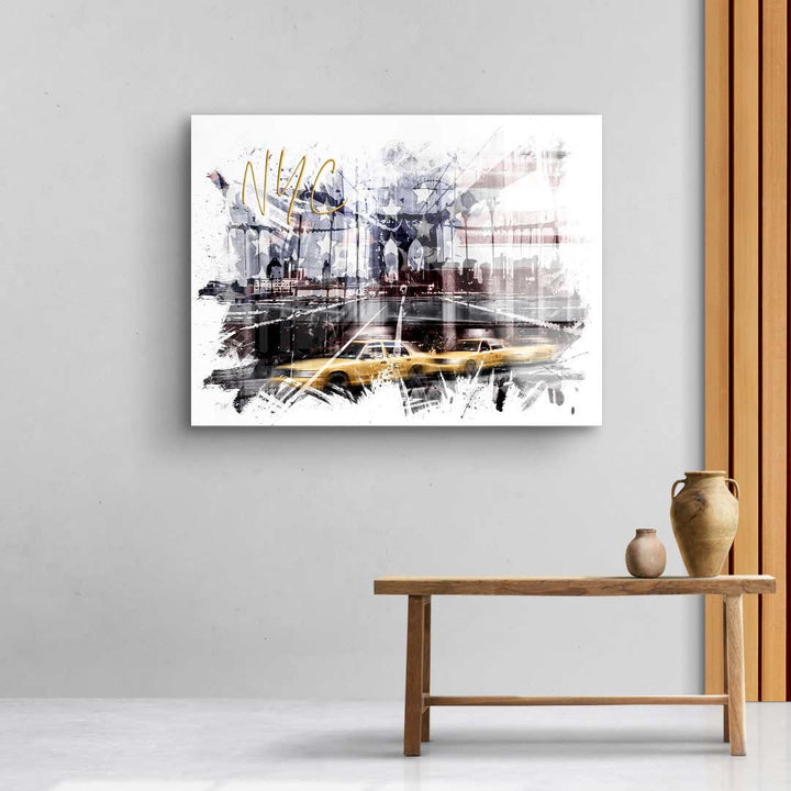 Modernes Wandbild mit NYC Skyline, gelben Taxis und urbanem City-Art Design an grauer Wand
