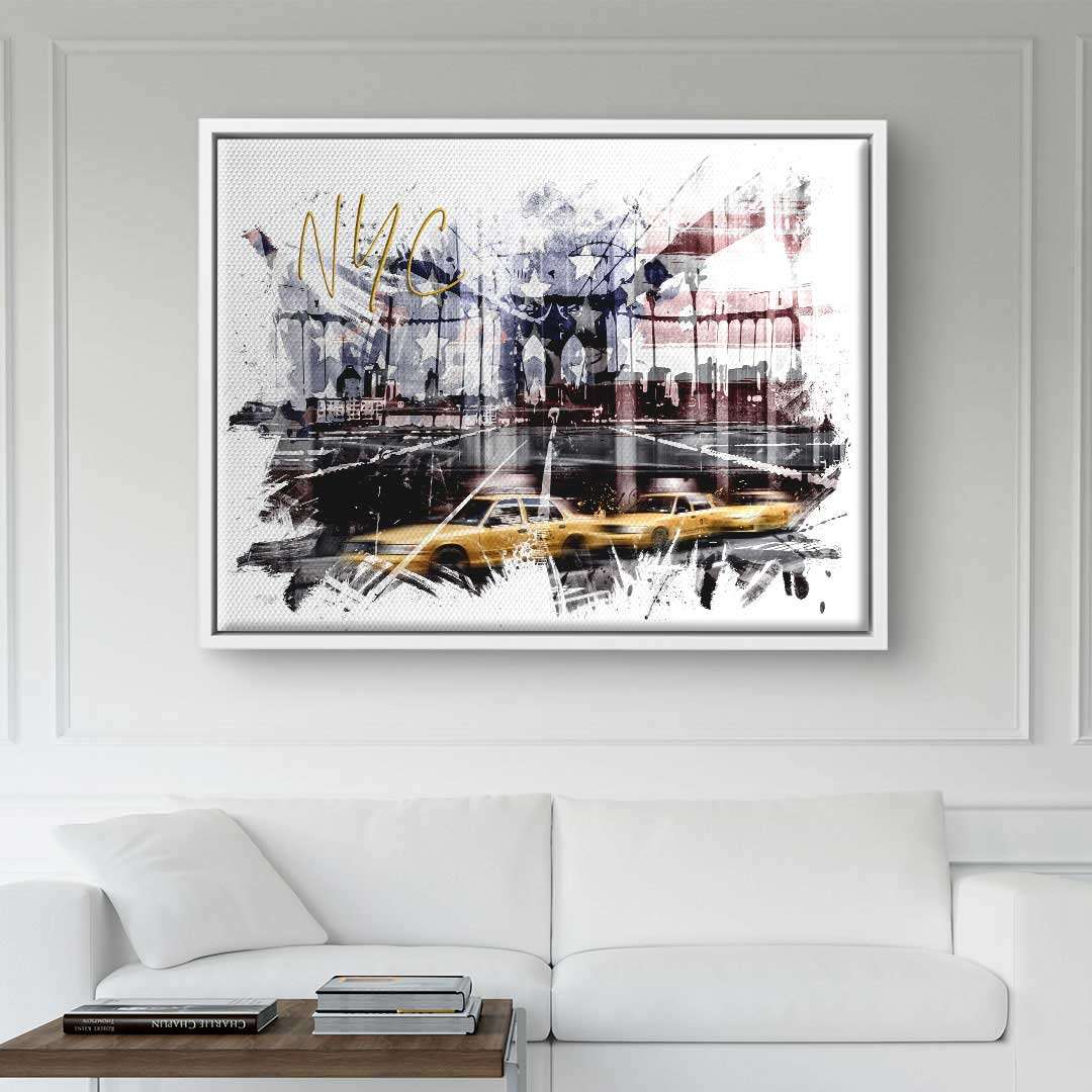 Modernes Wandbild mit New York City Skyline, Brooklyn Bridge und gelbem Taxi im Wohnzimmer