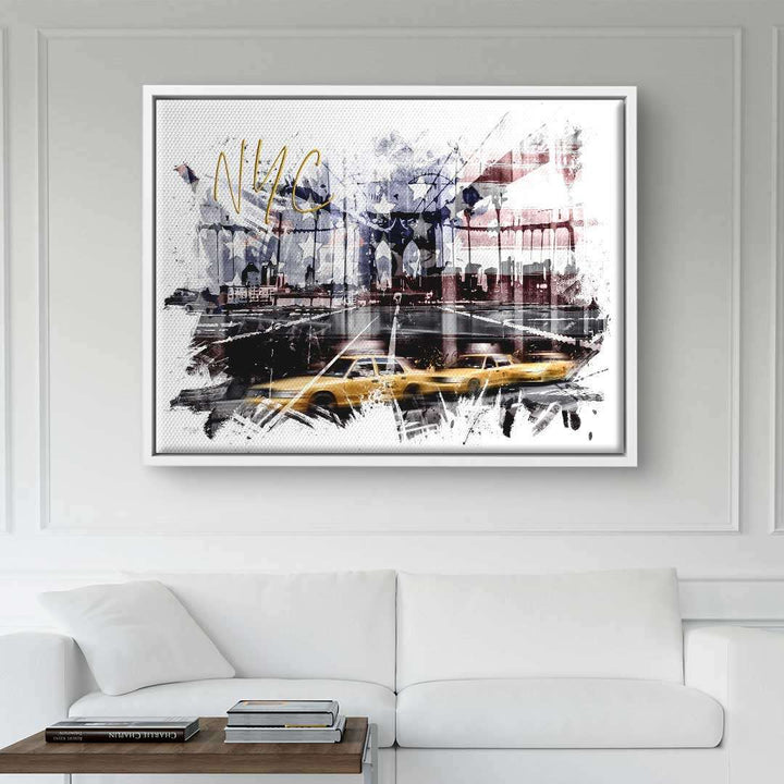 Modernes Wandbild mit New York City Skyline, Brooklyn Bridge und gelbem Taxi im Wohnzimmer