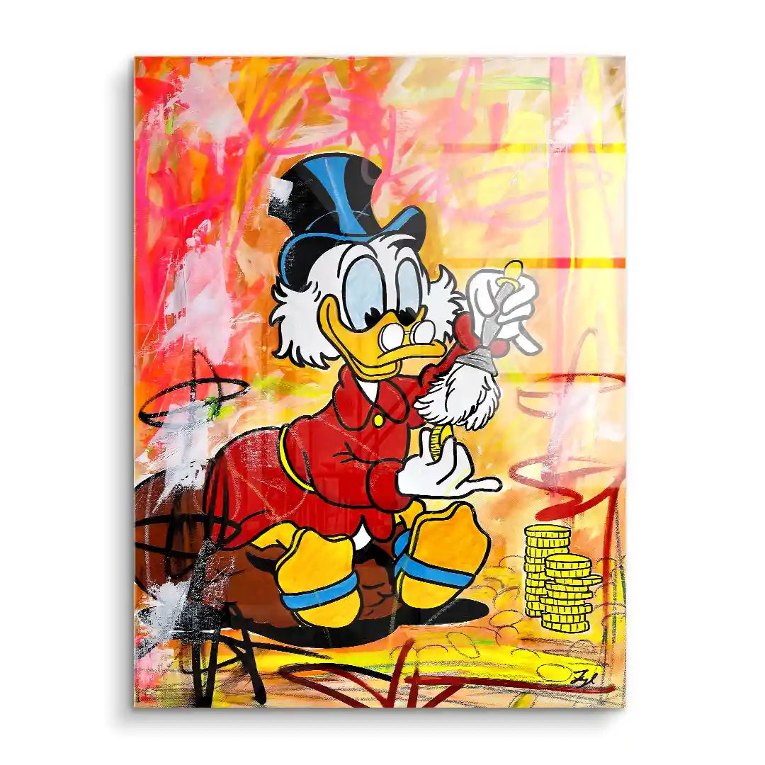 Pop Art Wandbild mit Comic-Ente in rotem Mantel, Münzen, goldener, lebendiger Hintergrund