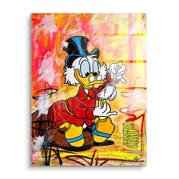 Pop Art Wandbild mit Comic-Ente in rotem Mantel, Münzen, goldener, lebendiger Hintergrund