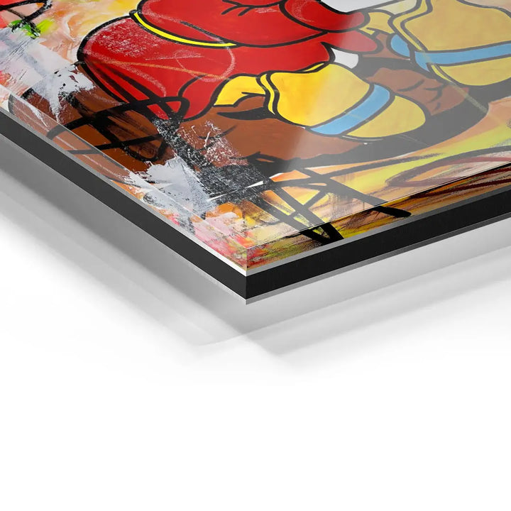 Detailansicht Acrylglas-Wandbild mit bunter Comic-Kunst und kräftigen Pastellfarben