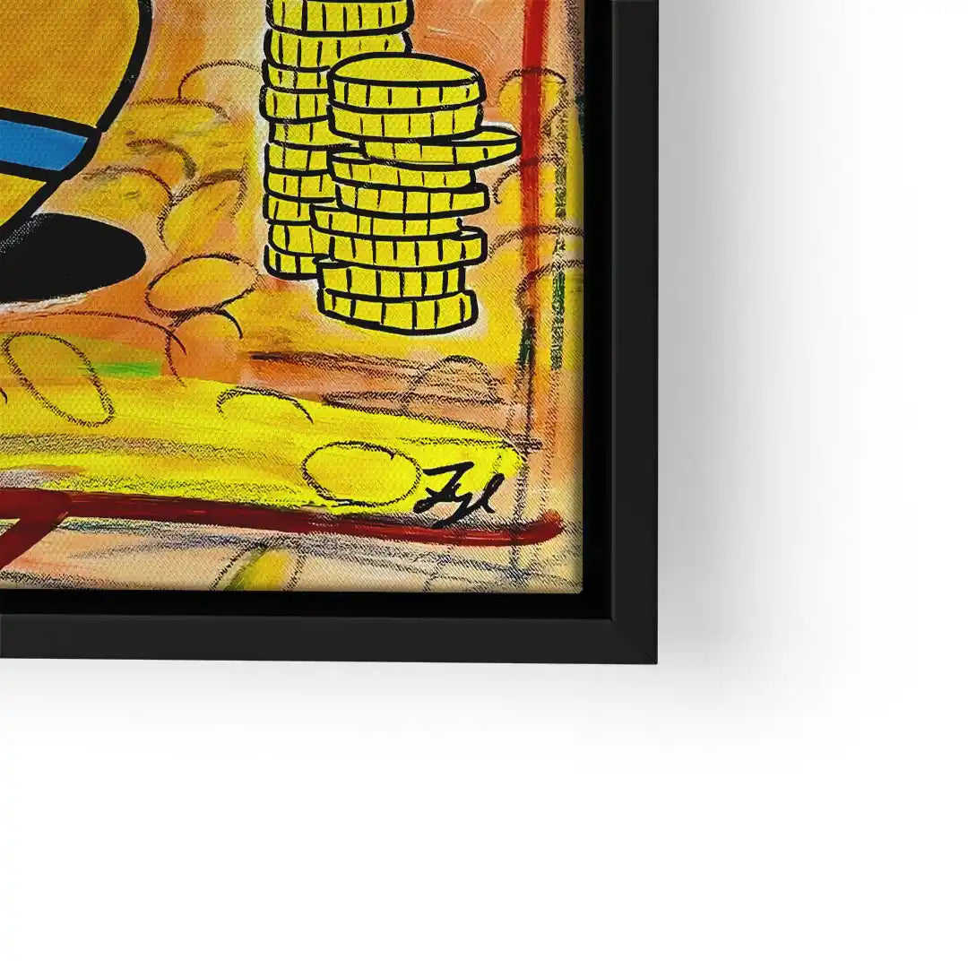 Buntes Wandbild mit gestapelten Goldmünzen, Zeichnung im Pop Art Stil, schwarzer Rahmen
