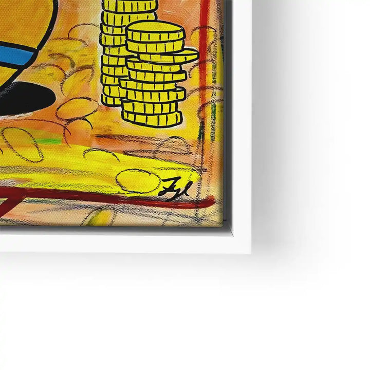 Modernes Wandbild mit gelben Münzstapeln und Comic-Stil in Weißrahmen
