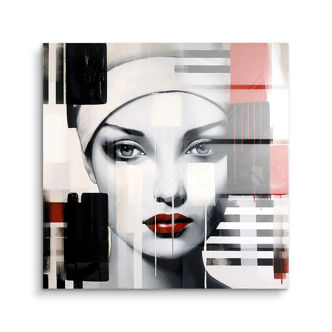 Modernes Acryl-Wandbild Porträt Frau mit roten Lippen, abstrakte Schwarz-Weiß-Elemente