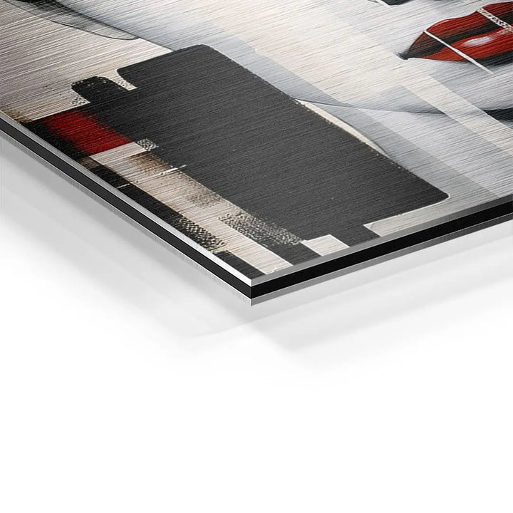 Detailaufnahme modernes Wandbild auf Aluminium mit abstrakten schwarzen und roten Formen