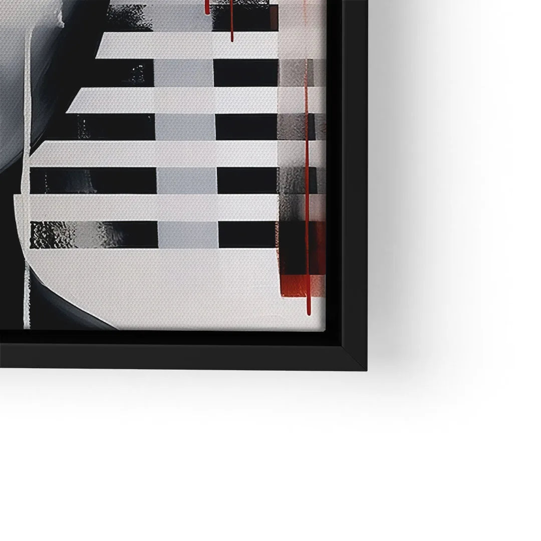 Modernes abstraktes Wandbild mit schwarzen, grauen und roten geometrischen Formen im schwarzen Rahmen.