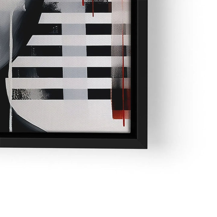 Modernes abstraktes Wandbild mit schwarzen, grauen und roten geometrischen Formen im schwarzen Rahmen.