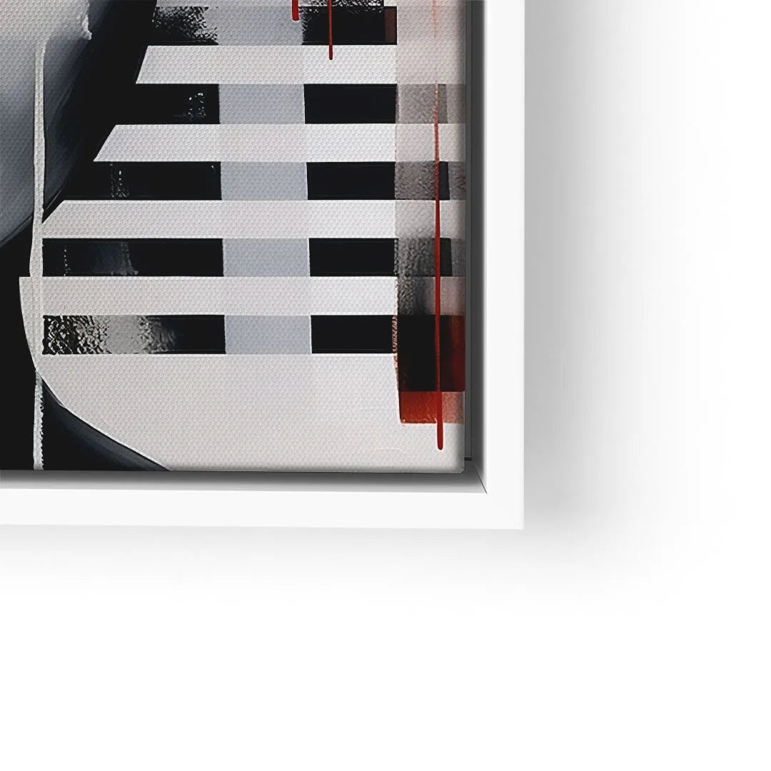 Modernes abstraktes Wandbild mit schwarzen, weißen und roten geometrischen Formen im weißen Rahmen.