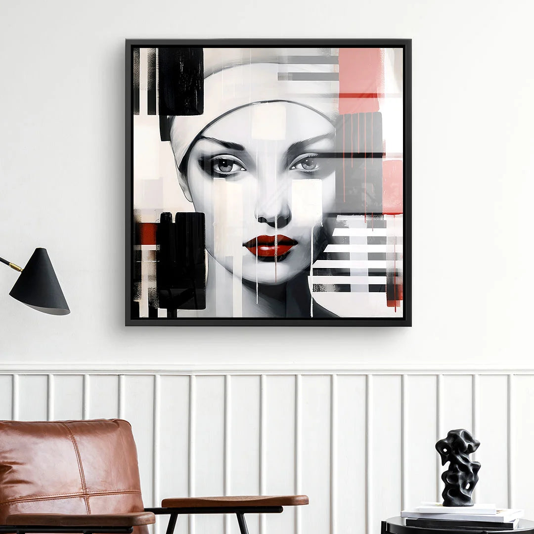 Modernes Wandbild mit abstraktem Porträt einer Frau, rote Lippen, grafische Elemente, Wohnzimmer