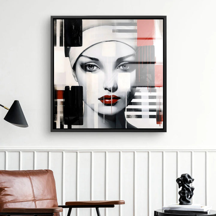 Modernes Wandbild mit abstraktem Porträt einer Frau, rote Lippen, grafische Elemente, Wohnzimmer