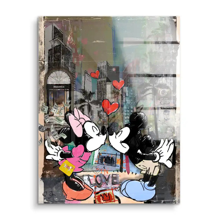 Pop Art Wandbild mit Comic-Figuren küssend, Herzchen, Stadt und Geld, modernes Acrylbild