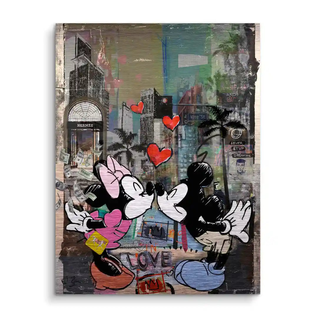Pop Art Wandbild mit Comic-Figuren und Herzen vor urbaner Miami Skyline, modernes Kunstmotiv