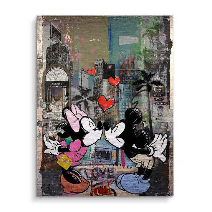 Pop Art Wandbild mit Comic-Figuren und Herzen vor urbaner Miami Skyline, modernes Kunstmotiv