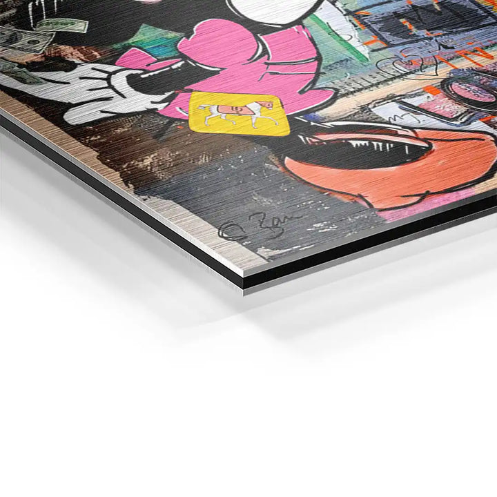 Detailansicht buntes Wandbild, Pop Art Comic Motiv auf Aluminium mit gebürsteter Oberfläche