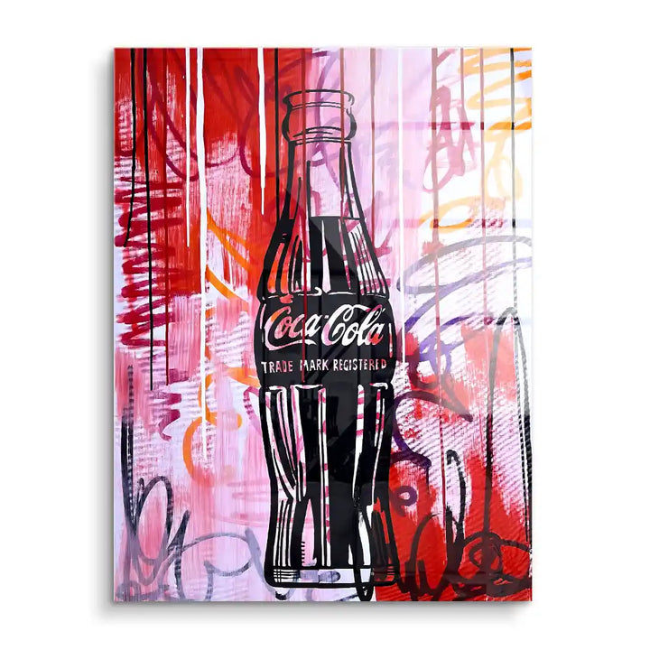 Modernes Wandbild mit Coca-Cola Flasche im Pop Art Stil, rote und pinke abstrakte Hintergründe