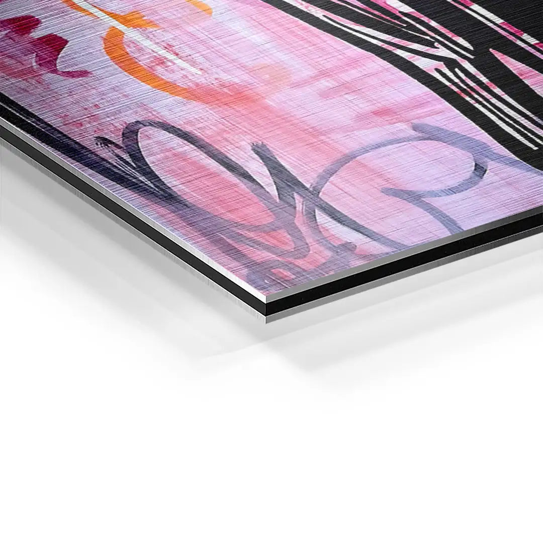 Detailaufnahme modernes Wandbild auf Aluminium mit buntem abstraktem Kunstmotiv