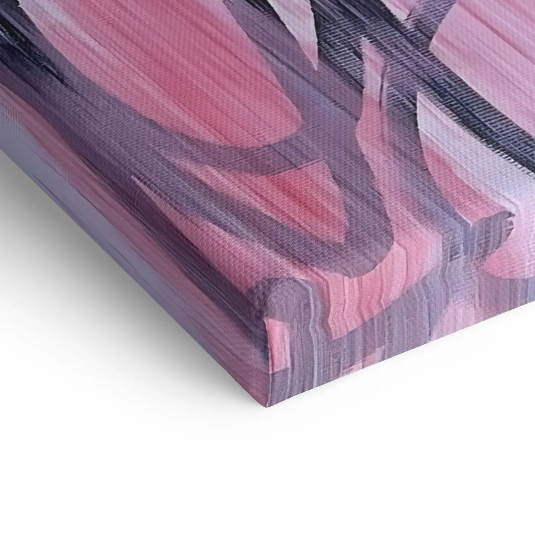 Detailaufnahme eines abstrakten Wandbilds auf Leinwand in Rosa und Lila Tönen