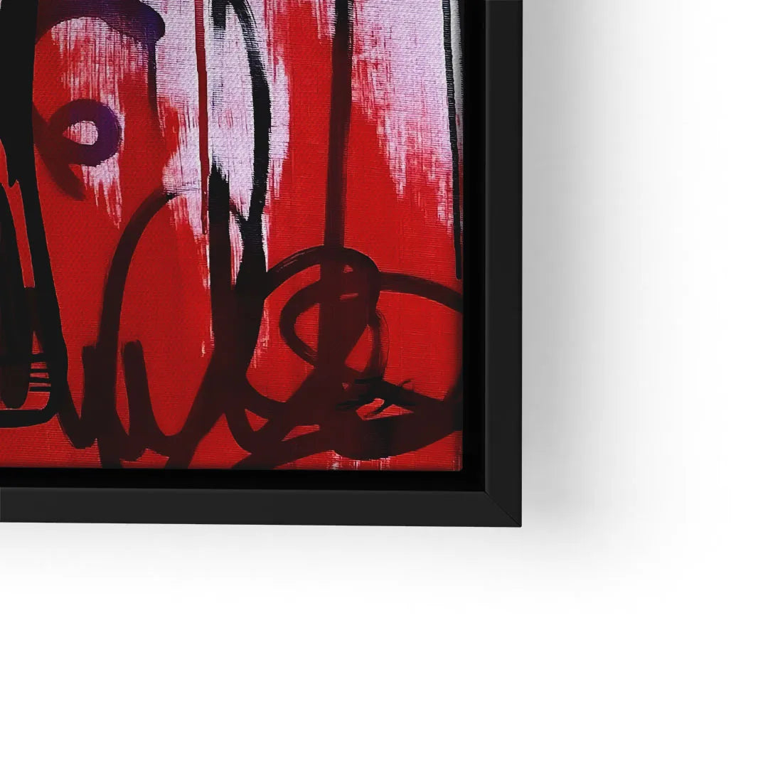 Modernes abstraktes Wandbild mit roten und schwarzen Pinselstrichen im schwarzen Rahmen