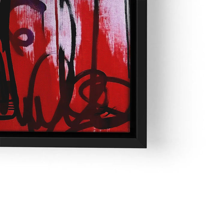 Modernes abstraktes Wandbild mit roten und schwarzen Pinselstrichen im schwarzen Rahmen