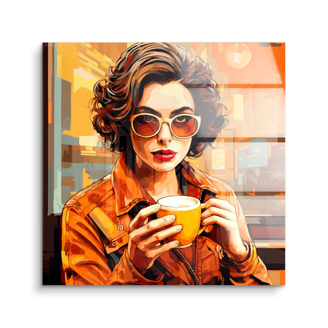 Modernes Wandbild im Pop Art Stil mit Frau in Sonnenbrille und Kaffeetasse im Café
