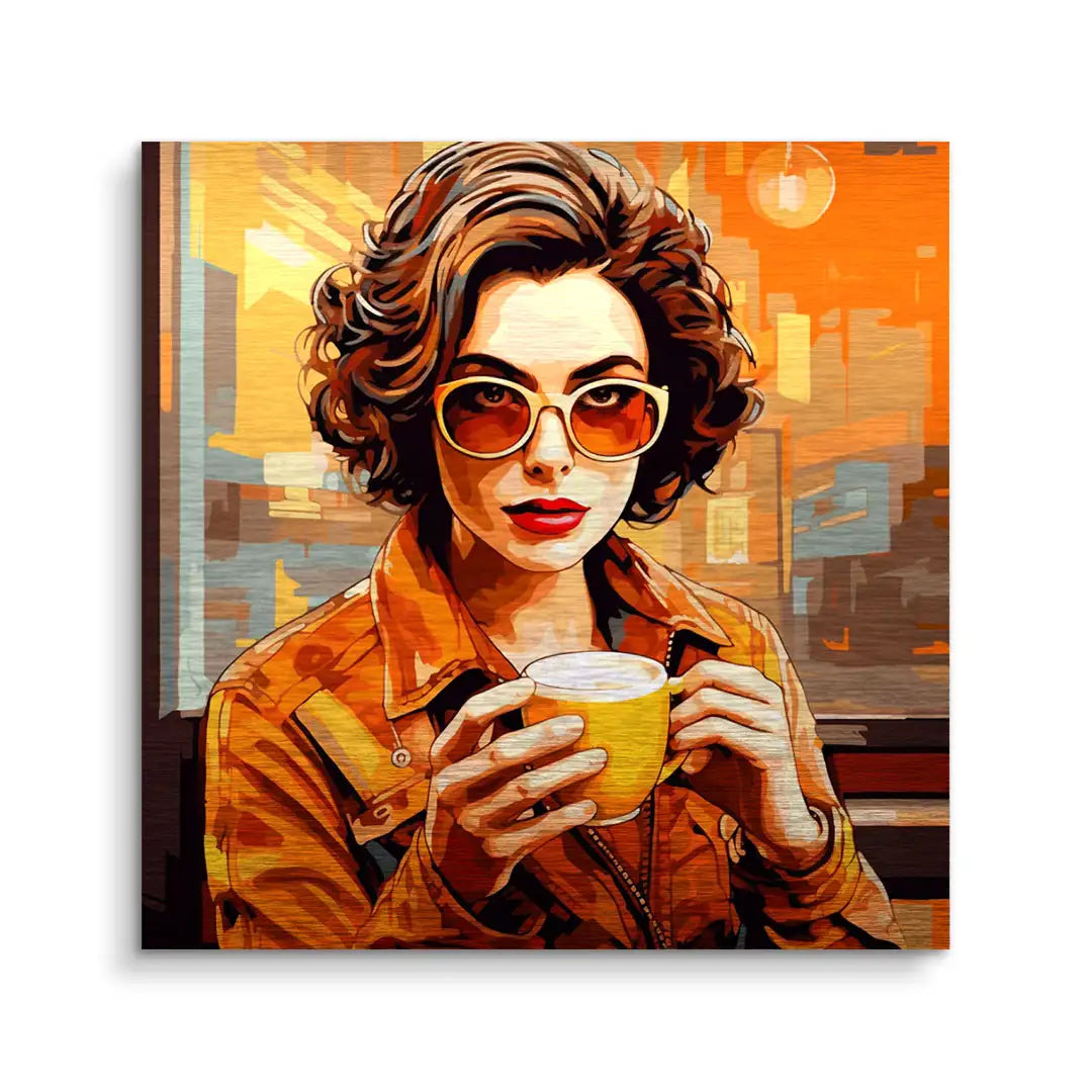 Modernes Wandbild: Frau mit lockigem Haar und Sonnenbrille hält gelbe Kaffeetasse im Café