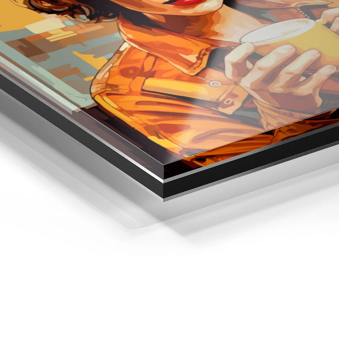 Detailansicht Acrylglas Wandbild mit Pop Art Frau, Kaffeetasse, warme Farben