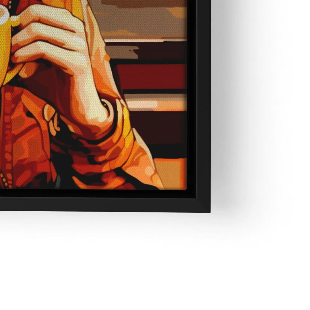 Modernes Wandbild mit Pop Art Motiv, Hand hält gelbe Kaffeetasse, warme Farbtöne, Leinwand