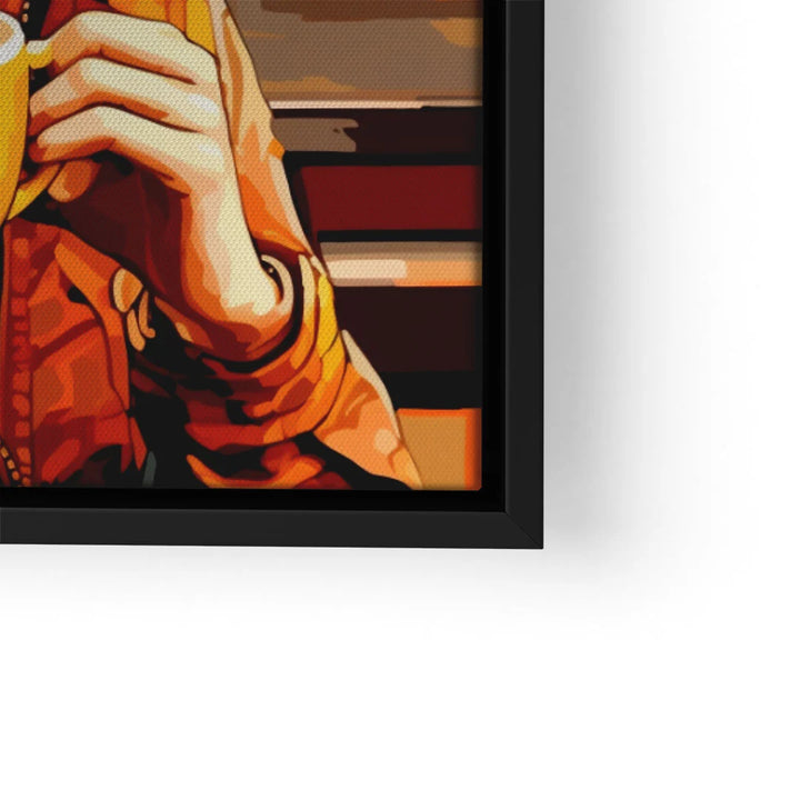 Modernes Wandbild mit Pop Art Motiv, Hand hält gelbe Kaffeetasse, warme Farbtöne, Leinwand