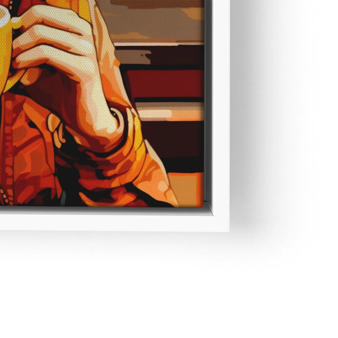 Pop Art Wandbild mit bunter Figur, die eine gelbe Kaffeetasse hält, im modernen Stil