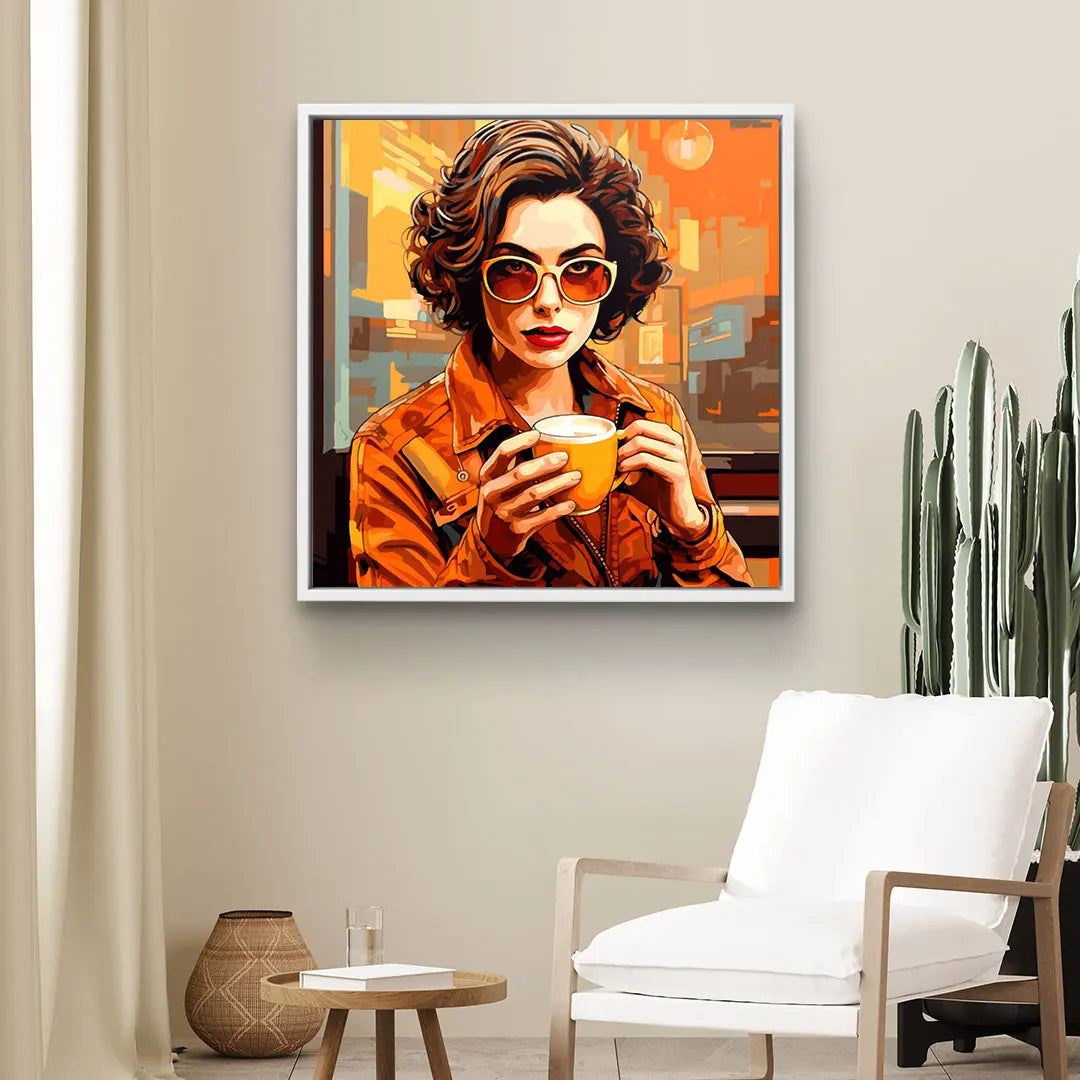 Modernes Wandbild im Pop Art Stil mit Frau in Sonnenbrille und Kaffeetasse, Wohnzimmerdekor