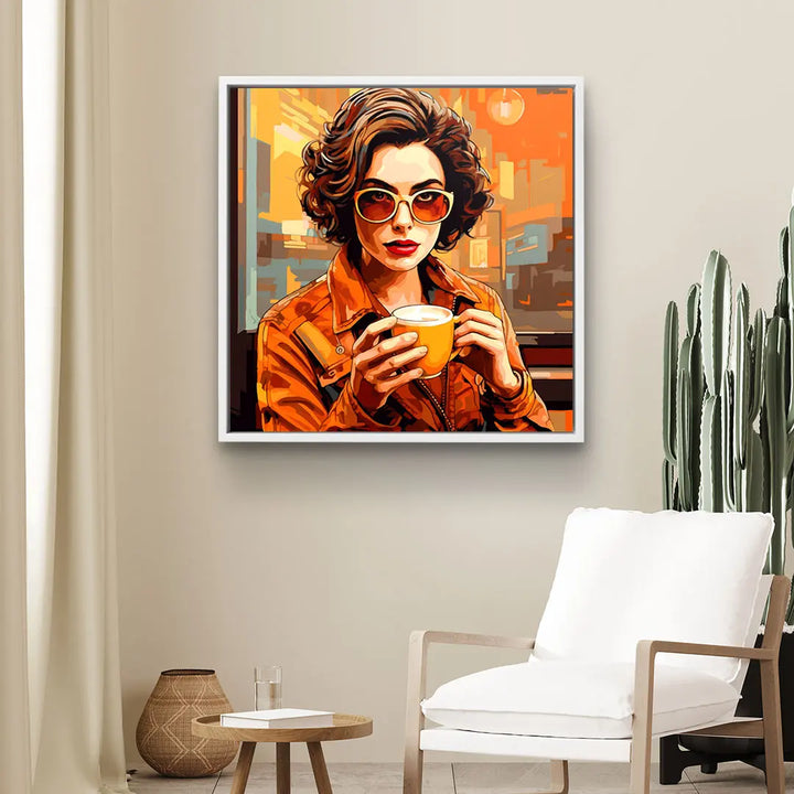 Modernes Wandbild im Pop Art Stil mit Frau in Sonnenbrille und Kaffeetasse, Wohnzimmerdekor