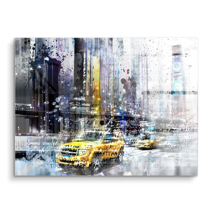 Moderne Collage auf Acryl zeigt New Yorker Skyline mit gelbem Taxi und urbanem Stadtelementen