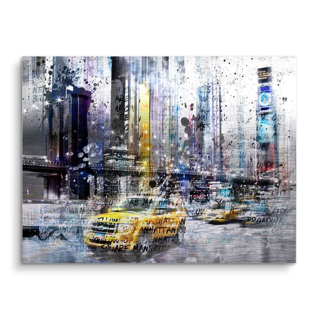 Moderne Wandbild Collage mit New York Skyline, gelben Taxis und urbaner Straßenkunst