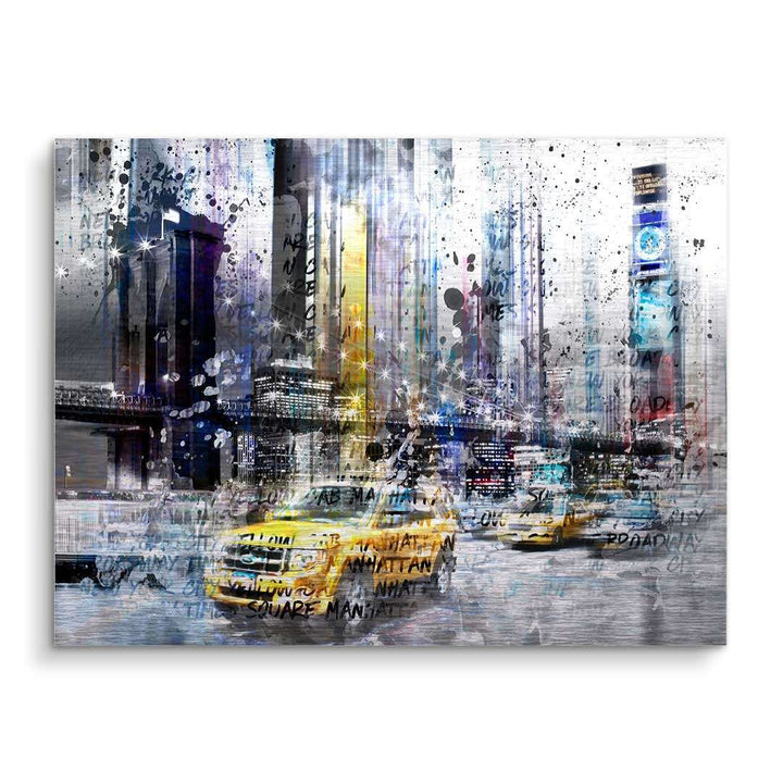 Moderne Wandbild Collage mit New York Skyline, gelben Taxis und urbaner Straßenkunst