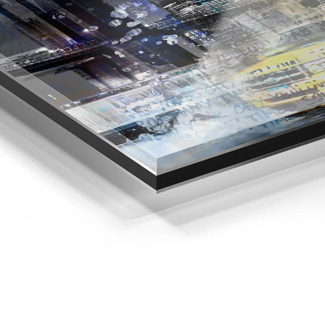 Detailaufnahme Wandbild Collage, moderne Kunst auf Acrylglas mit Stadtsilhouette und Schriftzug