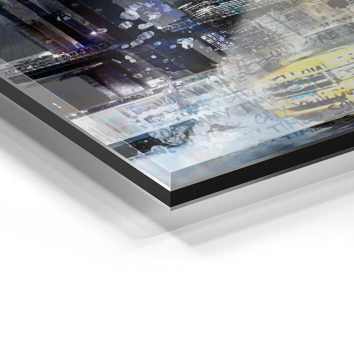 Detailaufnahme Wandbild Collage, moderne Kunst auf Acrylglas mit Stadtsilhouette und Schriftzug