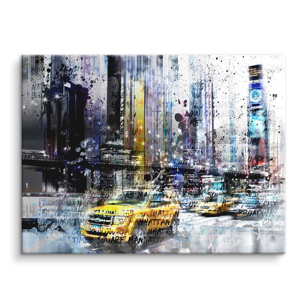 Moderne Collage-Wandbild mit New York Skyline, gelben Taxis und bunten Kunstakzenten