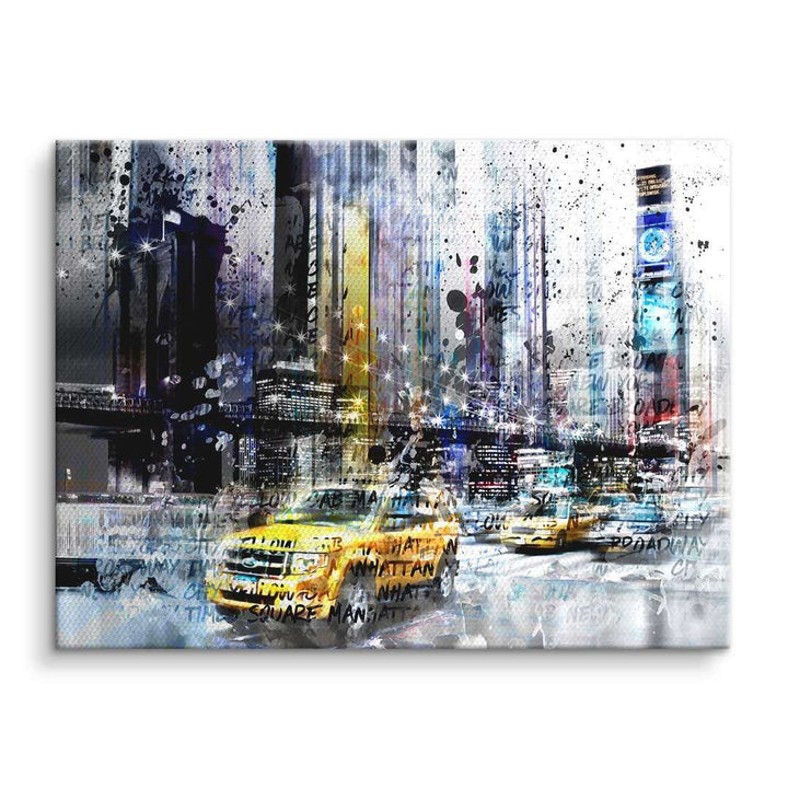 Moderne Collage-Wandbild mit New York Skyline, gelben Taxis und bunten Kunstakzenten