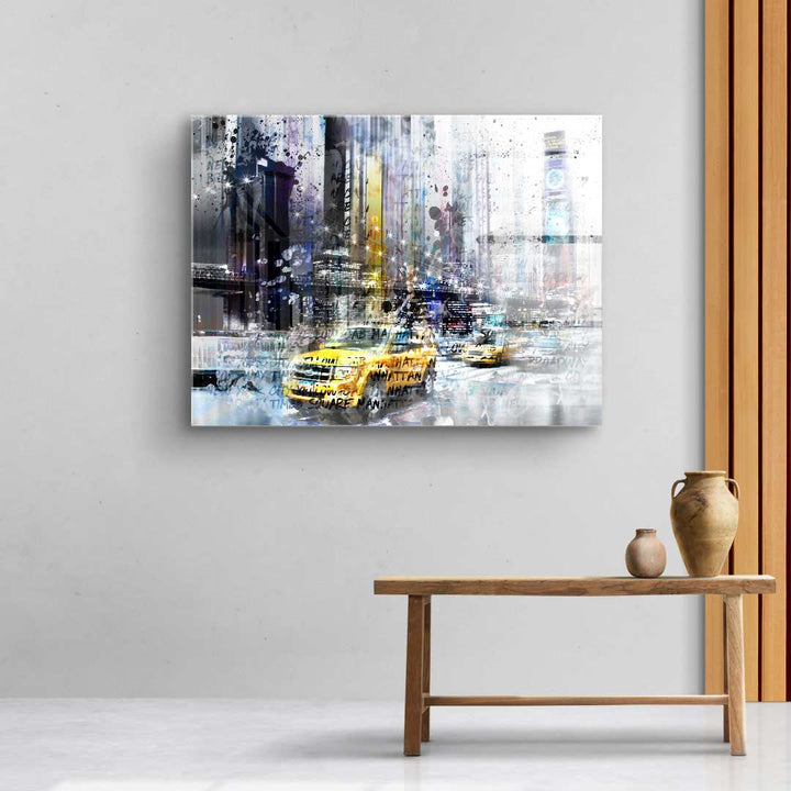 Modernes Wandbild mit New York Skyline und gelben Taxis im urbanen Collage-Stil