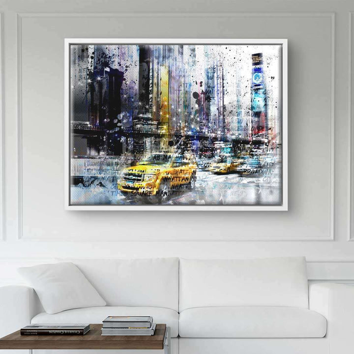 Modernes Wandbild Collage mit New York City Skyline und gelben Taxis im Wohnzimmer