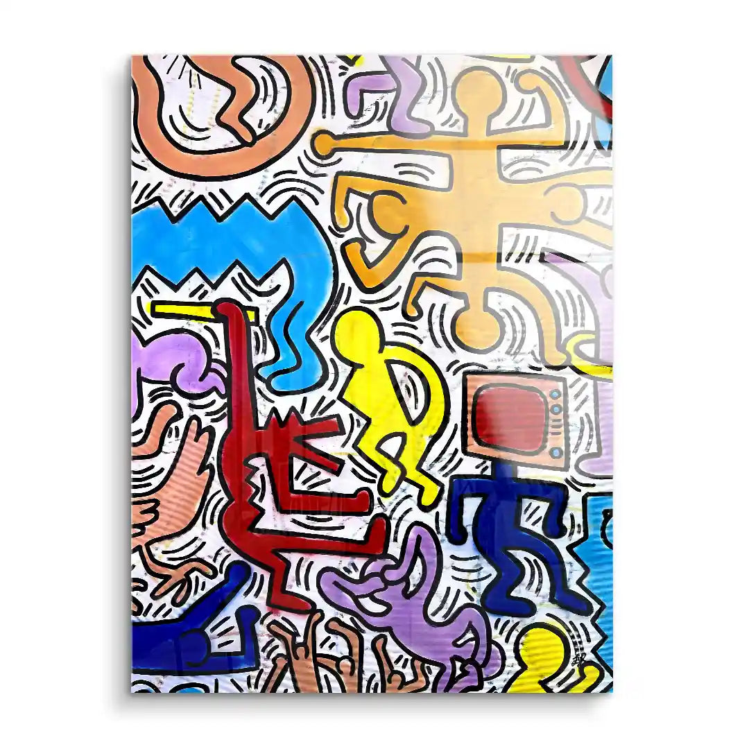 Buntes Acryl Wandbild mit abstrakten Figuren im Pop Art Stil, dynamische Linien und leuchtende Farben