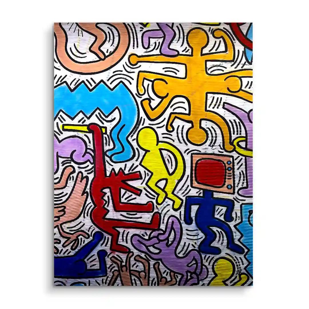 Buntes Wandbild mit abstrakten, farbigen Figuren im Pop Art Stil auf weißem Hintergrund