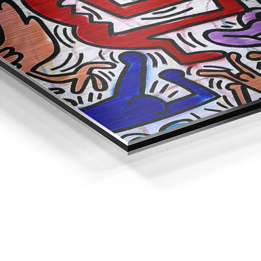 Farbiges Wandbild mit stilisierten Figuren im Pop Art Comic-Stil auf Aluminium