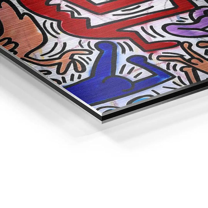 Farbiges Wandbild mit stilisierten Figuren im Pop Art Comic-Stil auf Aluminium