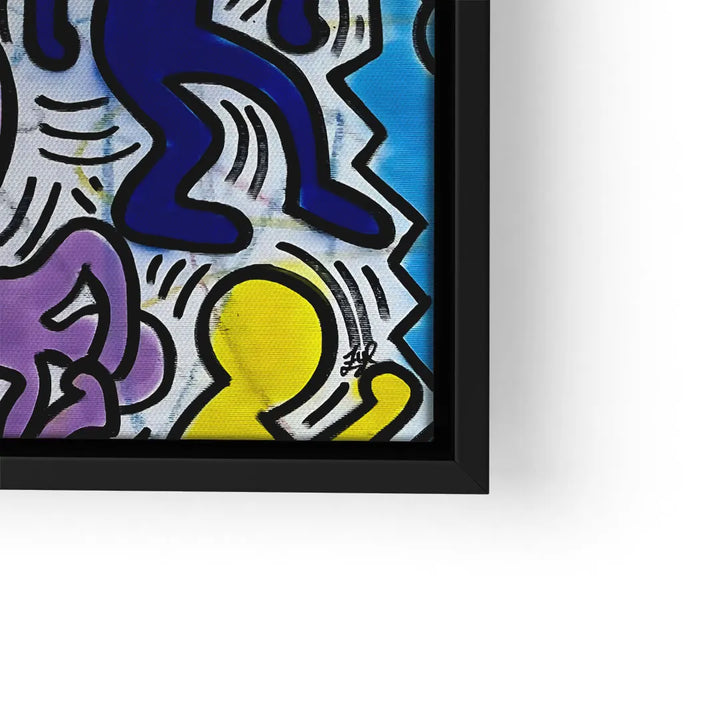 Modernes Wandbild mit bunten abstrakten Figuren auf Leinwand, Pop Art Stil, schwarz gerahmt
